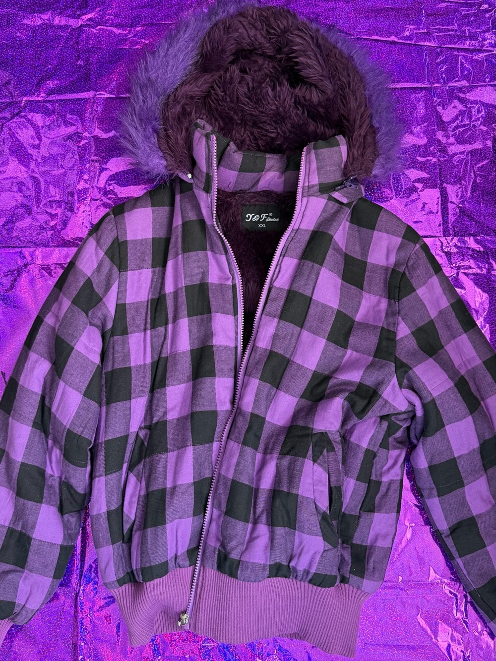 Y2K Purple & Black Plaid women  Puffer Jacket with Faux Fur Hood
